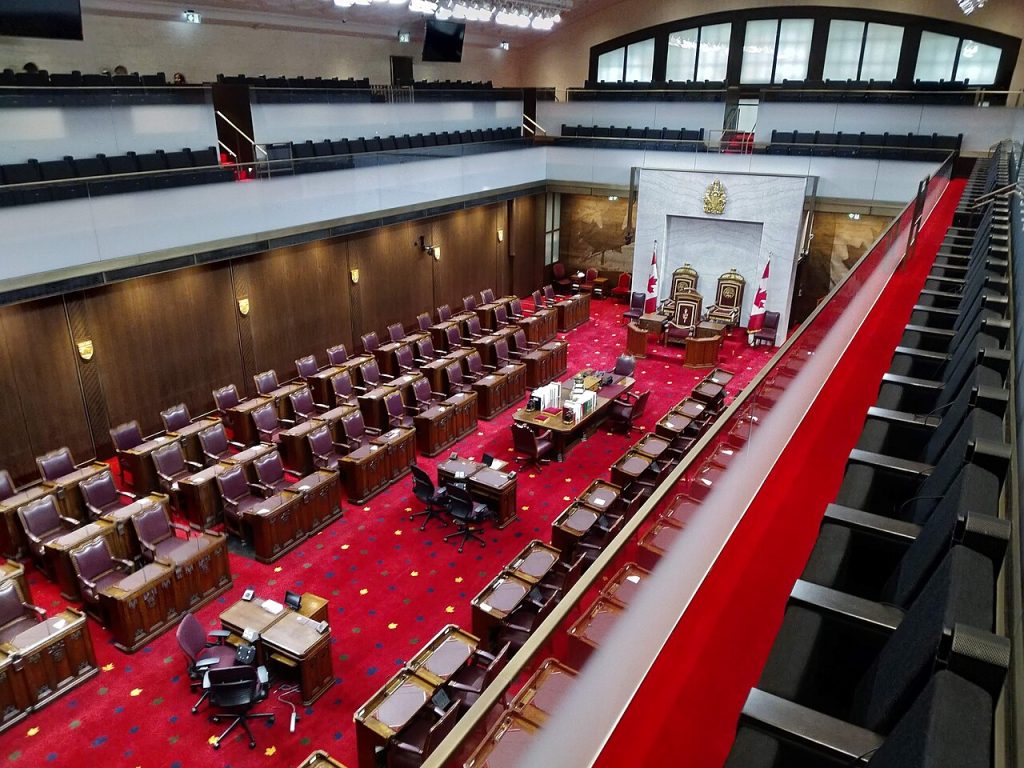The Senate’s temporary chamber in the Senate of Canada Building, photographed in 2019; not a photograph of a particular bill’s passage.