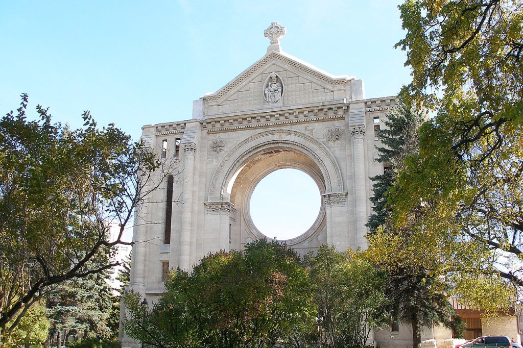The facade of Saint Boniface Cathedral in Winnipeg; an illustration of one Francophone community outside Quebec, not of every community.