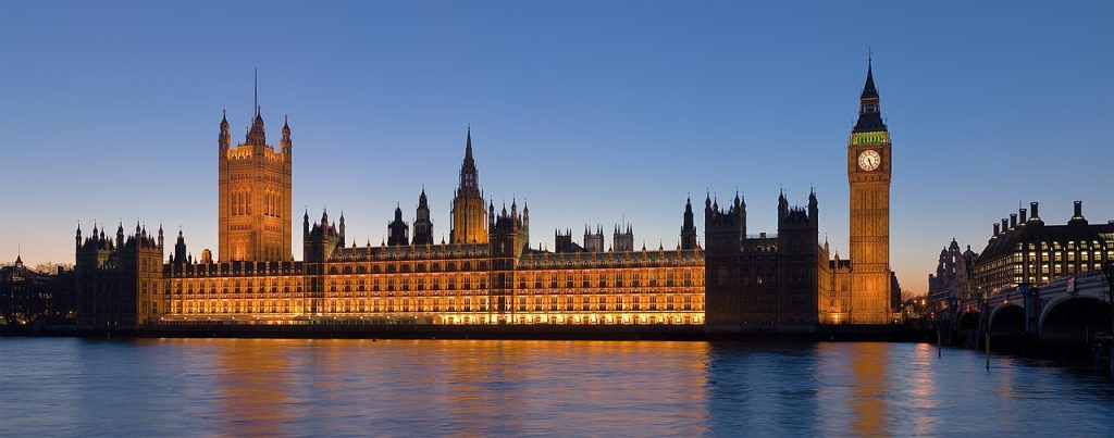 The Palace of Westminster in London, photographed in 2007; the seat of the British Parliament, not the adoption of the Quebec Act in 1774.