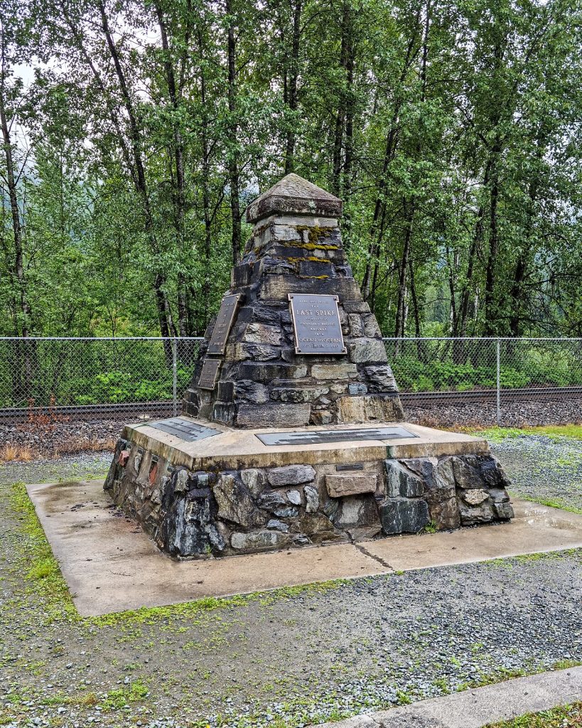 The Last Spike monument at Craigellachie, British Columbia, photographed in 2022; a modern memorial, not the famous 1885 group photograph.