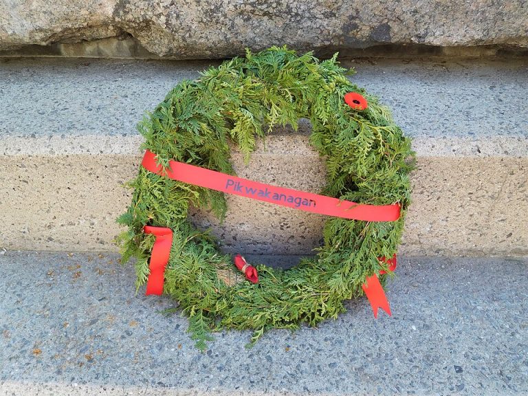 A commemorative wreath at the National Aboriginal Veterans Monument in Ottawa; this detail does not represent every Indigenous nation.