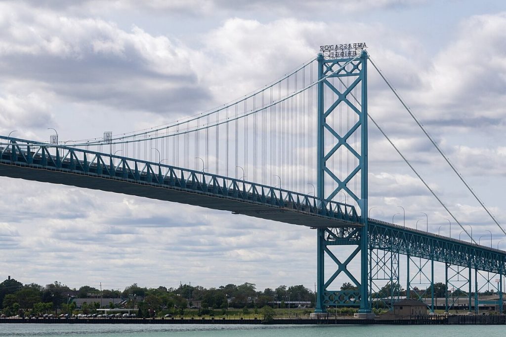 The Ambassador Bridge between Windsor, Ontario, and Detroit, a major Canada–United States trade crossing; it does not depict the agreement itself.