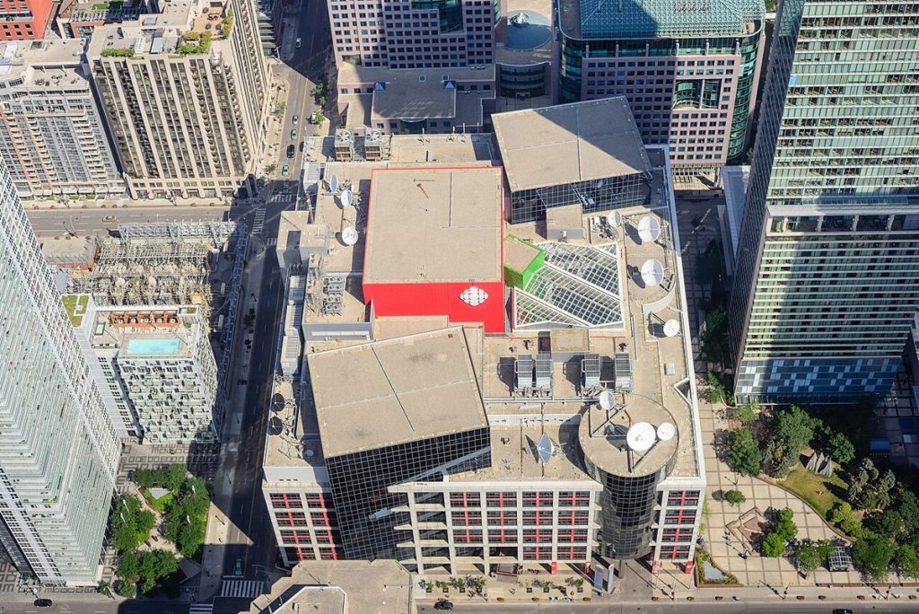 The Canadian Broadcasting Centre in Toronto, home of CBC’s English services, viewed from the CN Tower in 2017.