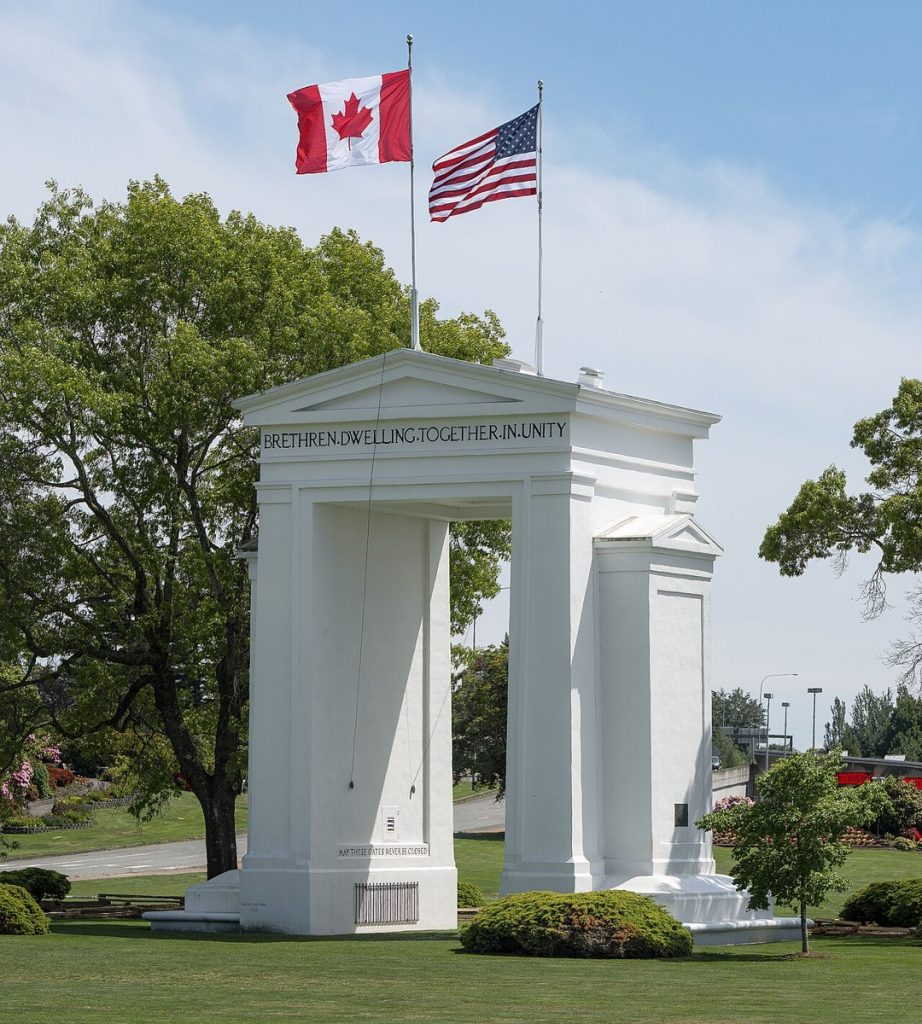 The Peace Arch at Peace Arch Park on the Canada–United States border, viewed from Surrey, British Columbia, in 2026; one point on the border.