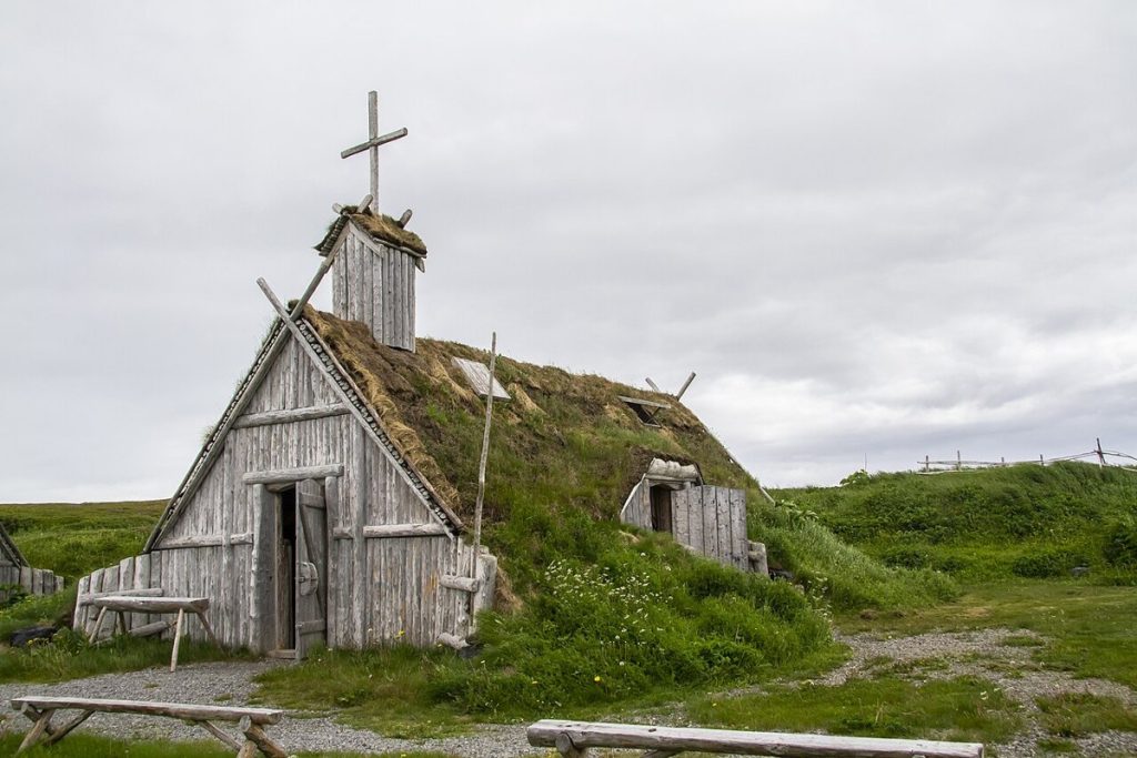 Reconstructed sod buildings at L’Anse aux Meadows, photographed in 2012; modern reconstructions, not the original remains.
