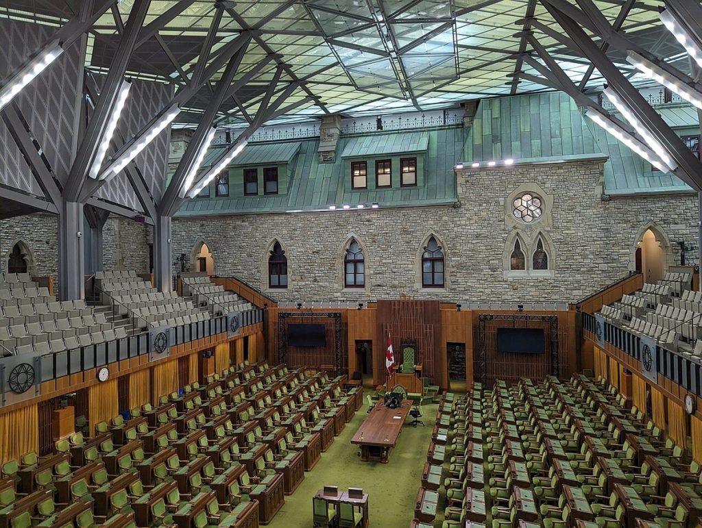 The House of Commons chamber in the West Block, Ottawa, photographed in 2023; a general image of Parliament, not of the Act.