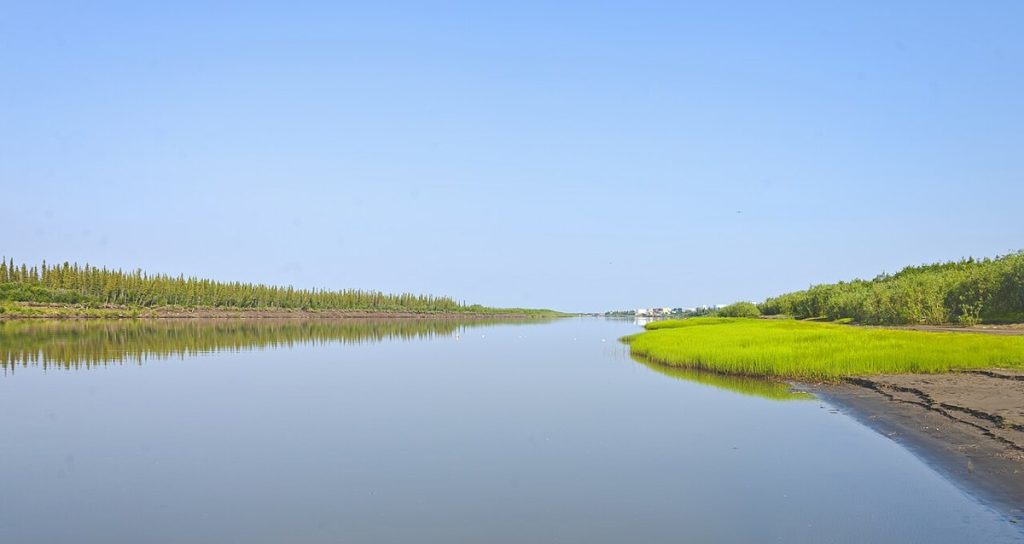 The east channel of the Mackenzie River looking toward Inuvik, Northwest Territories, photographed in 2015.