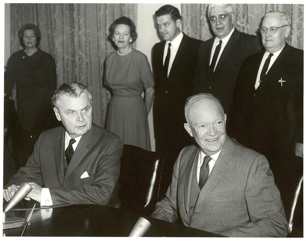 John Diefenbaker and Dwight Eisenhower at the signing of the Columbia River Treaty, January 1961.