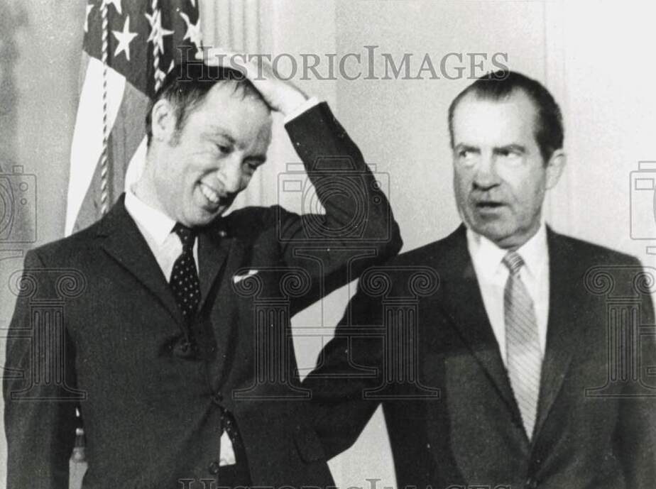 President Richard Nixon escorts Pierre Elliott Trudeau into the White House, March 24, 1969 (UPI).