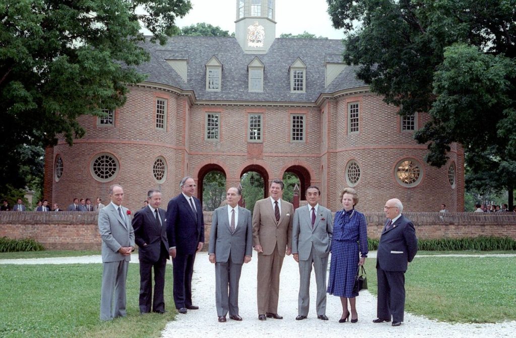 G-7 leaders at Williamsburg, Virginia, 1983, with Pierre Elliott Trudeau at left.