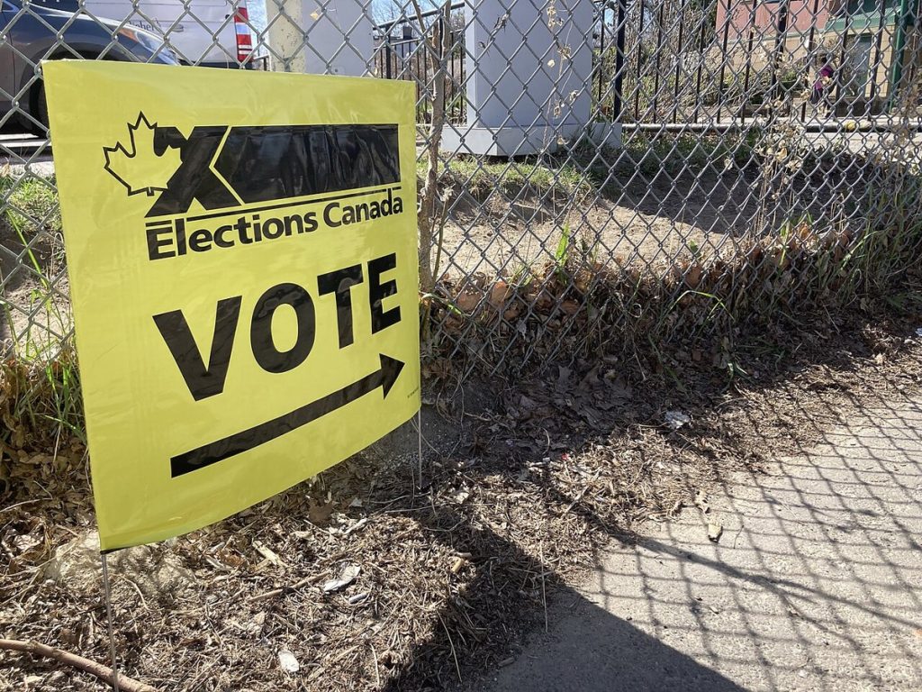 An Elections Canada polling station sign in Toronto during the 2025 federal election.