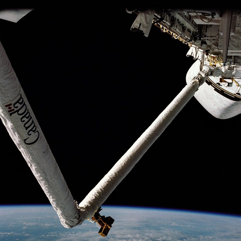 The Canadarm in Columbia’s payload bay during its first flight, mission STS-2, in November 1981 (NASA photograph).