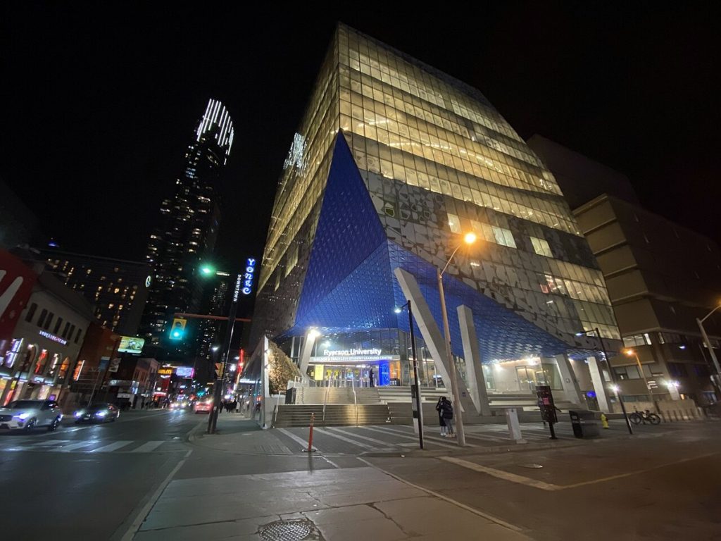 The Student Learning Centre at night, Toronto Metropolitan University.
