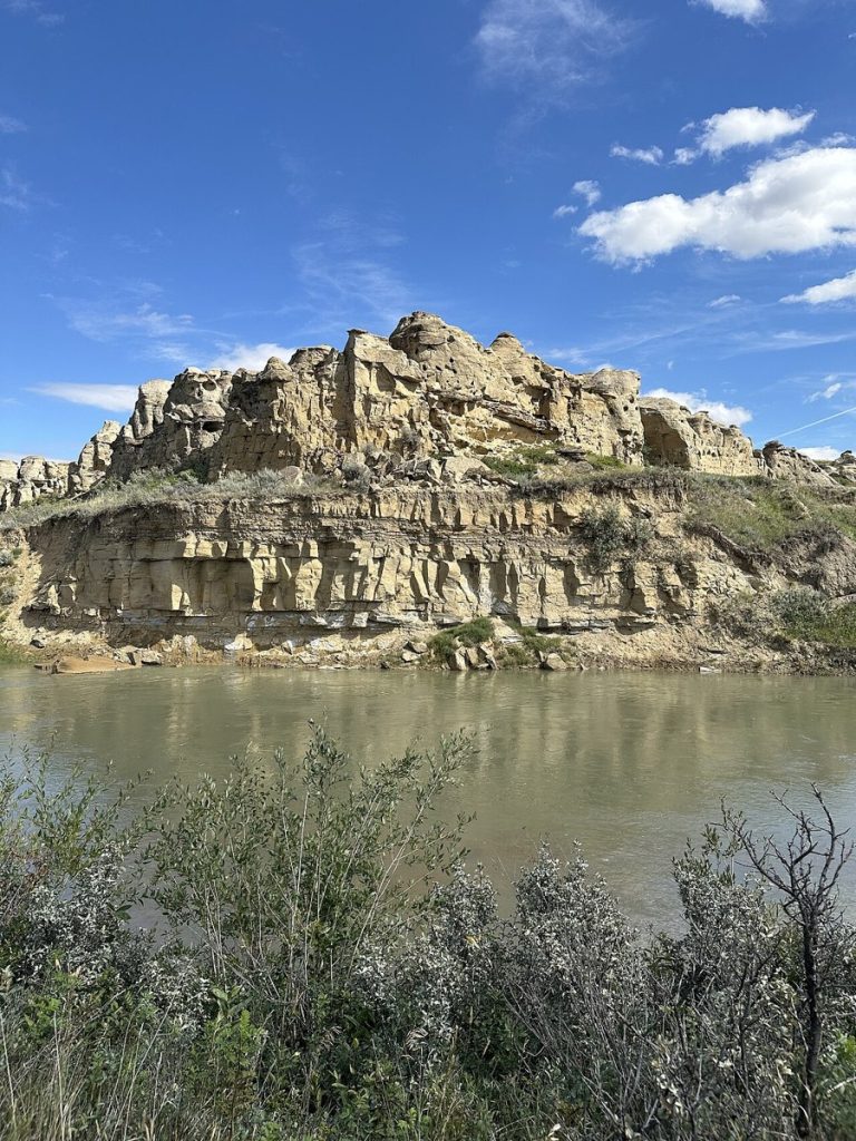 The Milk River and hoodoos at Writing-on-Stone Provincial Park, Alberta, in 2025; it does not show the rock art.
