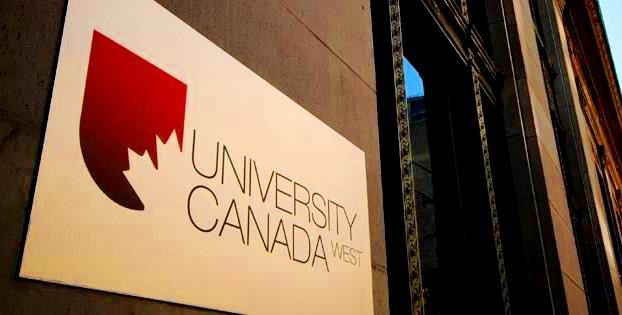 A University Canada West sign in Vancouver.