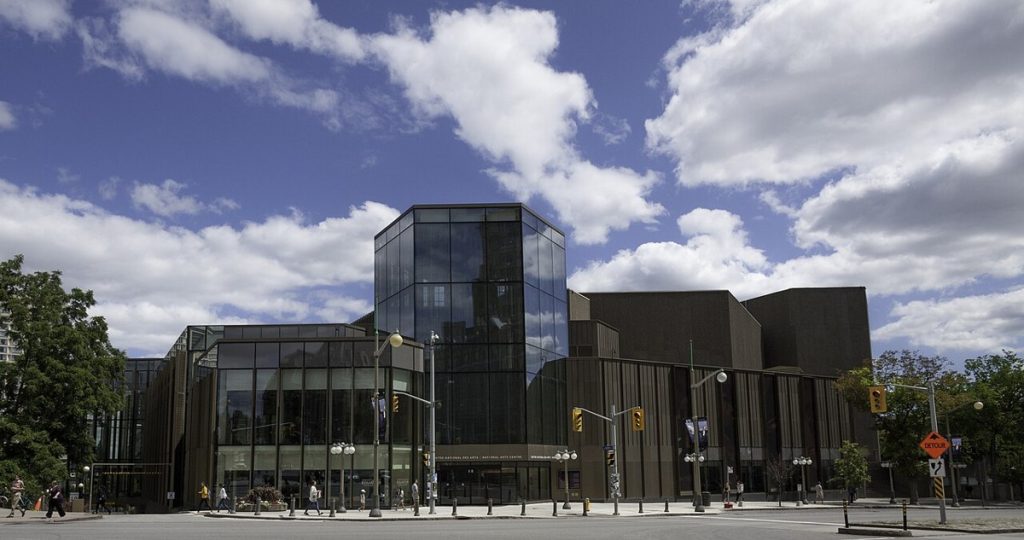 The renewed entrance and façade of the National Arts Centre, Ottawa, photographed in 2019.