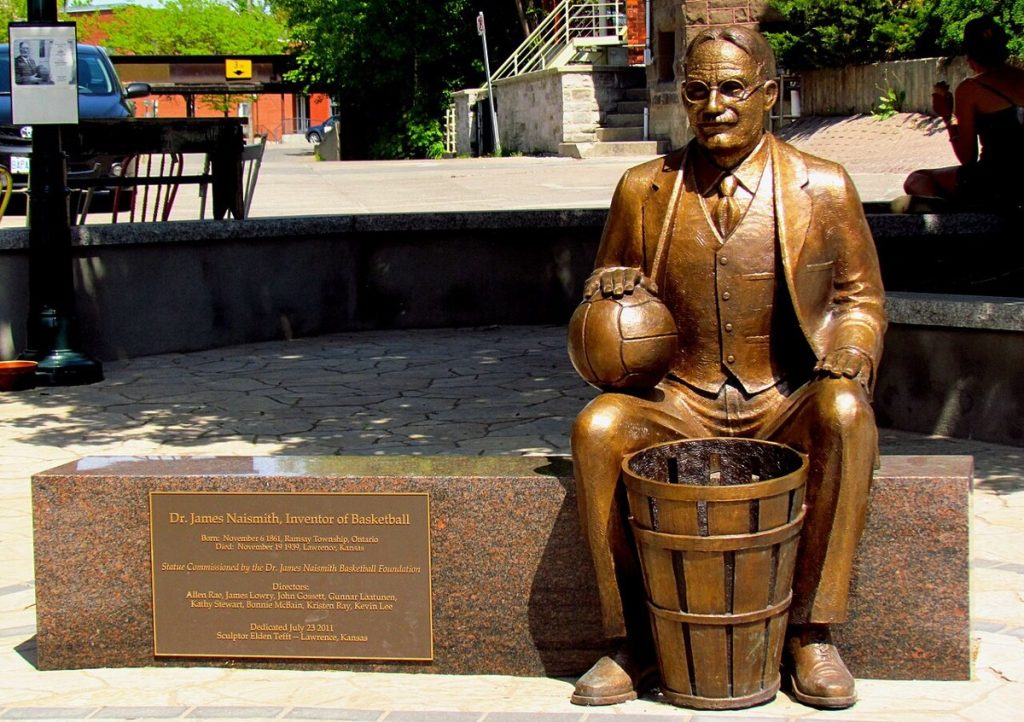 A statue of James Naismith in Almonte, Ontario, dedicated in 2011, photographed in 2012.