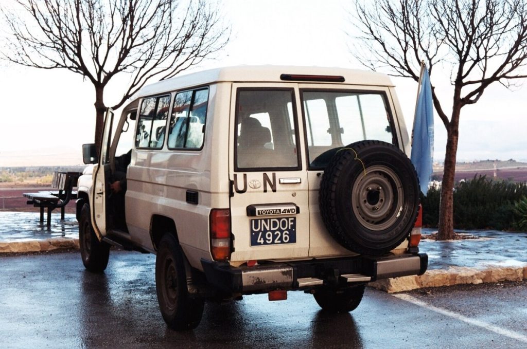 A vehicle of the United Nations Disengagement Observer Force in the Golan Heights.
