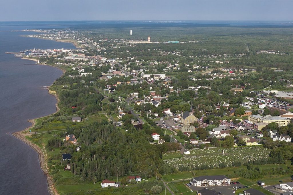 Caraquet, New Brunswick, on the Acadian Peninsula, from the air in 2026.