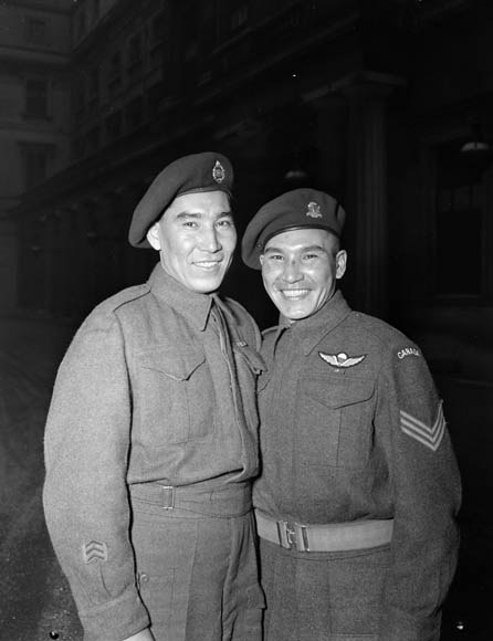 Sergeant Tommy Prince (right) with his brother, Private Morris Prince, at Buckingham Palace, 12 February 1945.