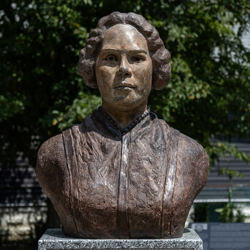 A bust of Mary Ann Shadd Cary by Artis Lane in BME Freedom Park, Chatham, Ontario, photographed in 2025.