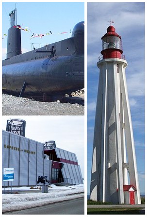 Un photomontage du sous-marin Onondaga, du musée Empress of Ireland et du phare de Pointe-au-Père.