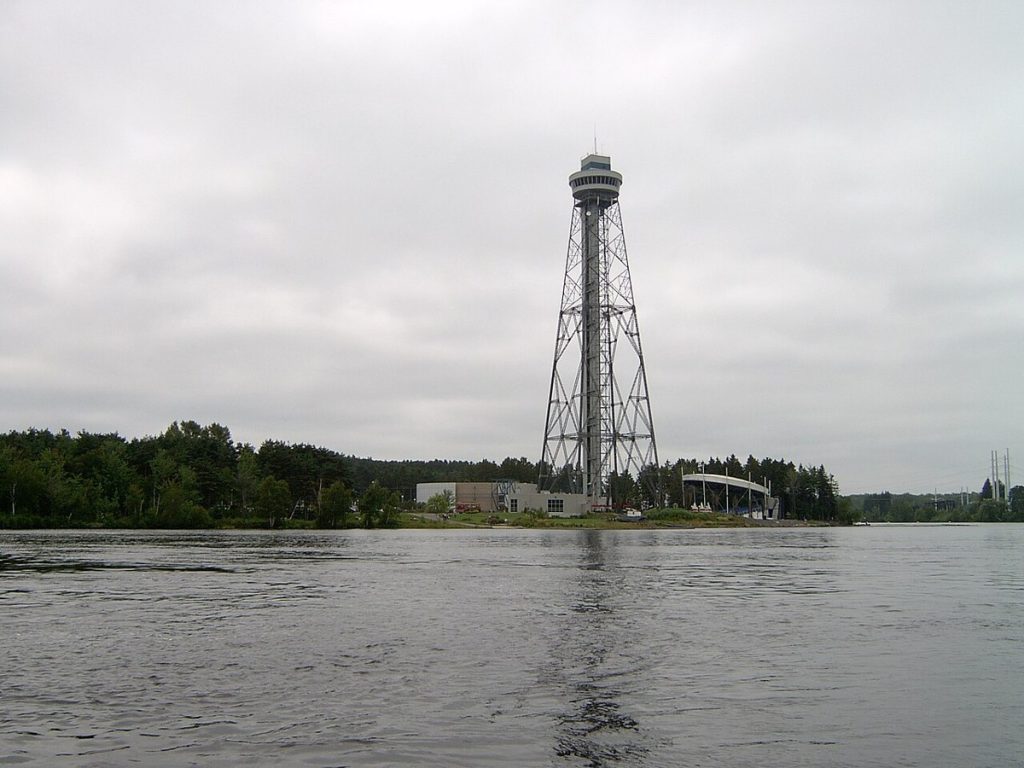 The observation tower of La Cité de l’énergie, on Melville Island in the Saint-Maurice River.