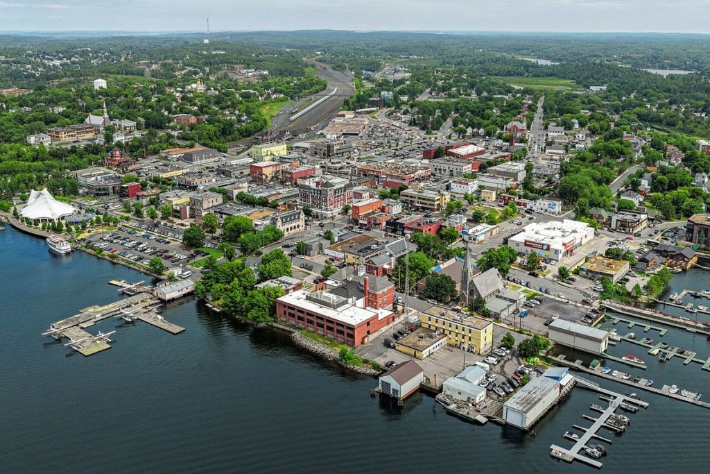 Kenora, Ontario, on Lake of the Woods, from the air in 2026; the photo does not show the former school.