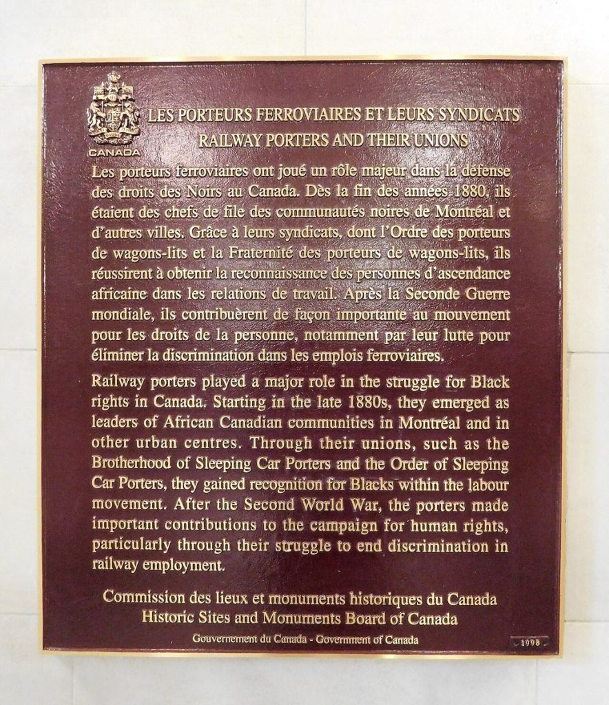 The Parks Canada plaque for Railway Porters and their Unions in Montréal, photographed in 2019.