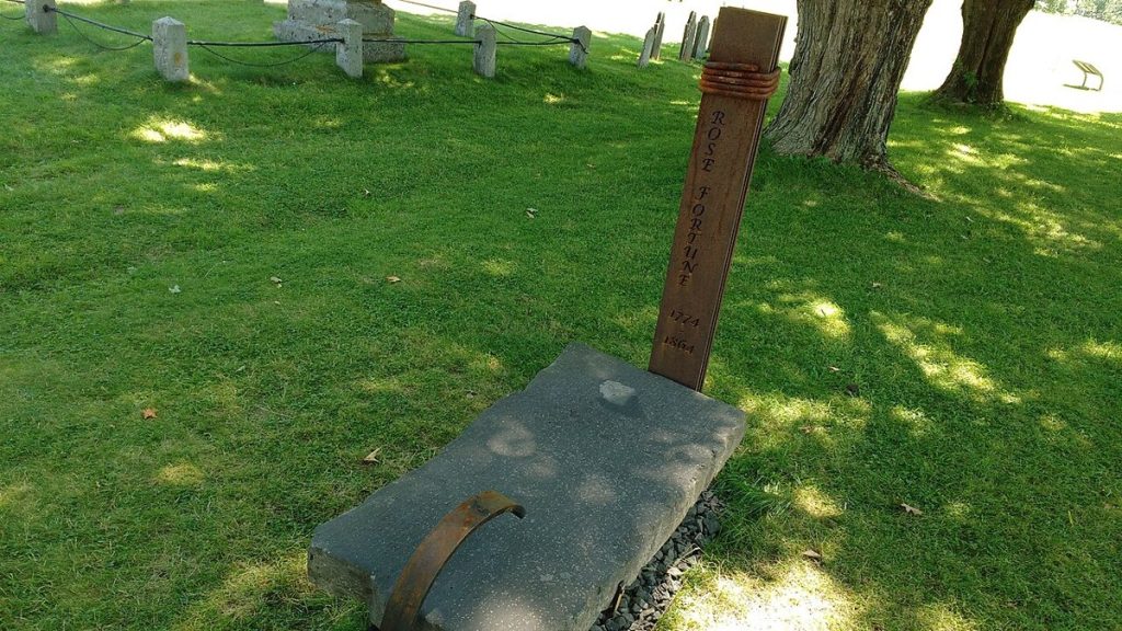 The grave marker for Rose Fortune in the garrison cemetery at Annapolis Royal, Nova Scotia, photographed in 2017.