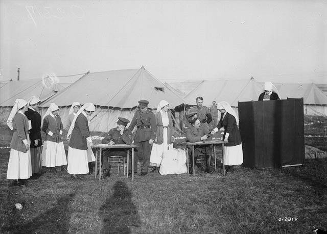 Nursing Sisters at a Canadian hospital in France voting in the 1917 federal election (photograph by William Rider-Rider).