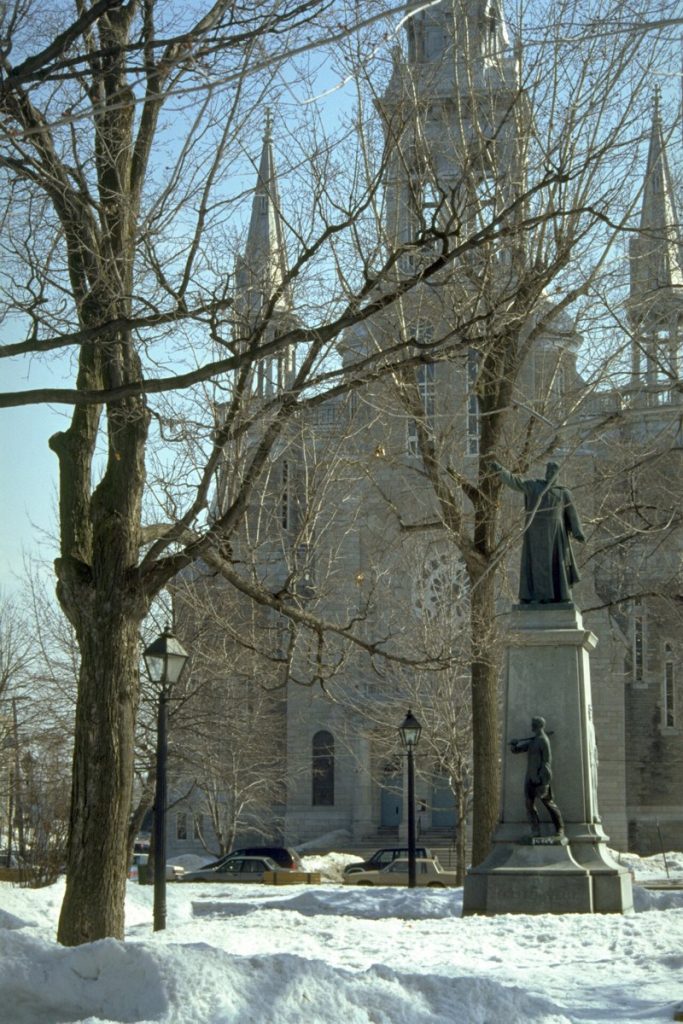 The cathedral and statue of Curé Labelle in Saint-Jérôme, Quebec, photographed in 2007.