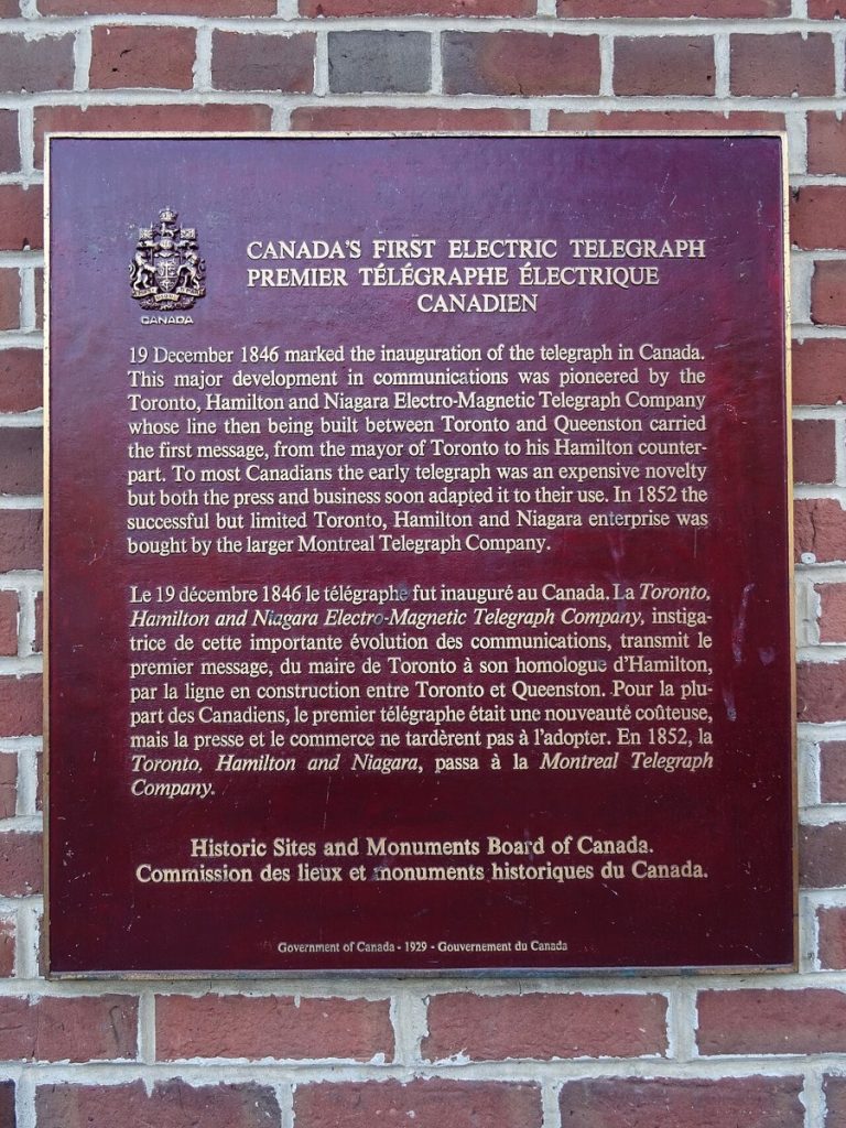 The Historic Sites and Monuments Board plaque for Canada’s First Electric Telegraph in Toronto, photographed in 2018.