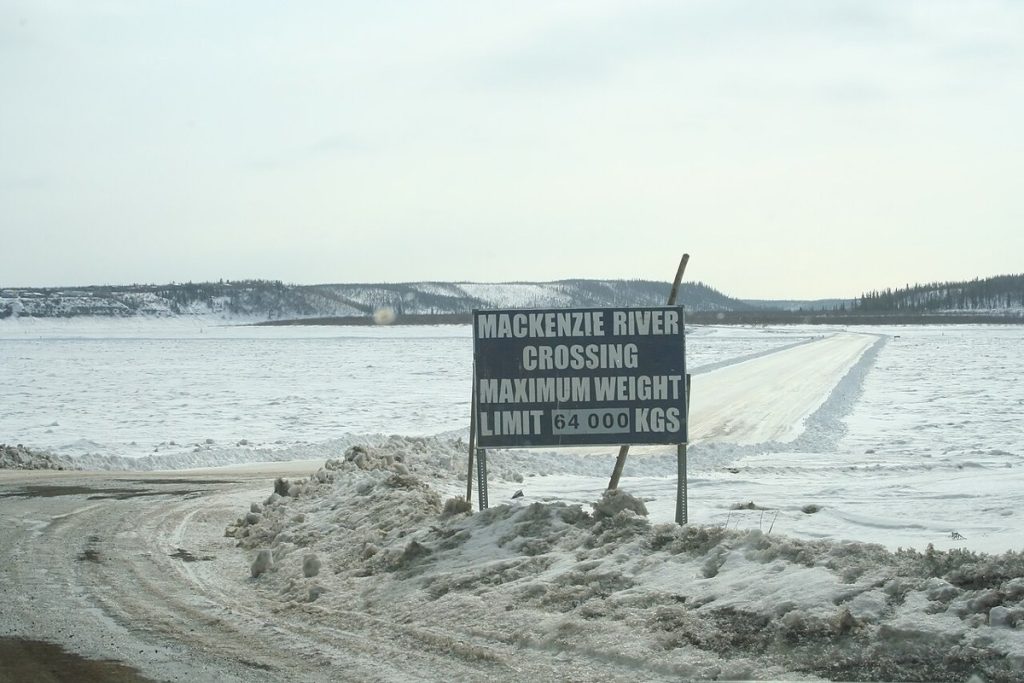 An ice road across the Mackenzie River at Tsiigehtchic, Northwest Territories, in 2008.