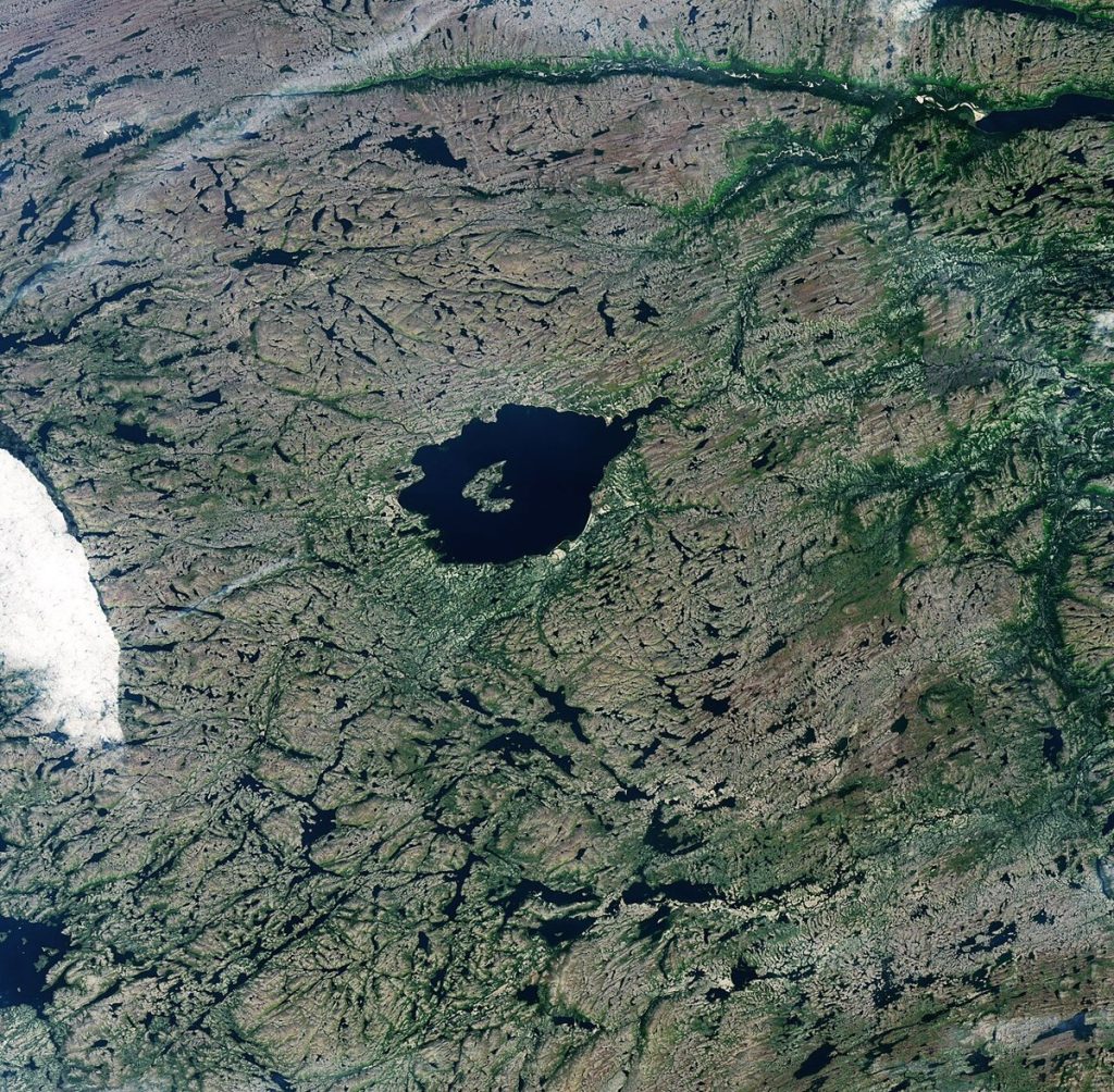 Mistastin Lake (Kameshtashtan), Labrador, in a Landsat 8 satellite image, 11 September 2017 (NASA).