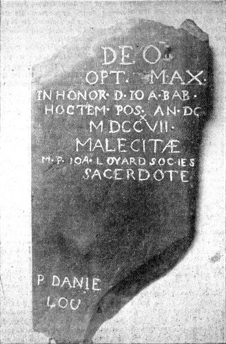 A stone tablet dated 1717 from the French mission chapel at Meductic, as recorded around 1897.