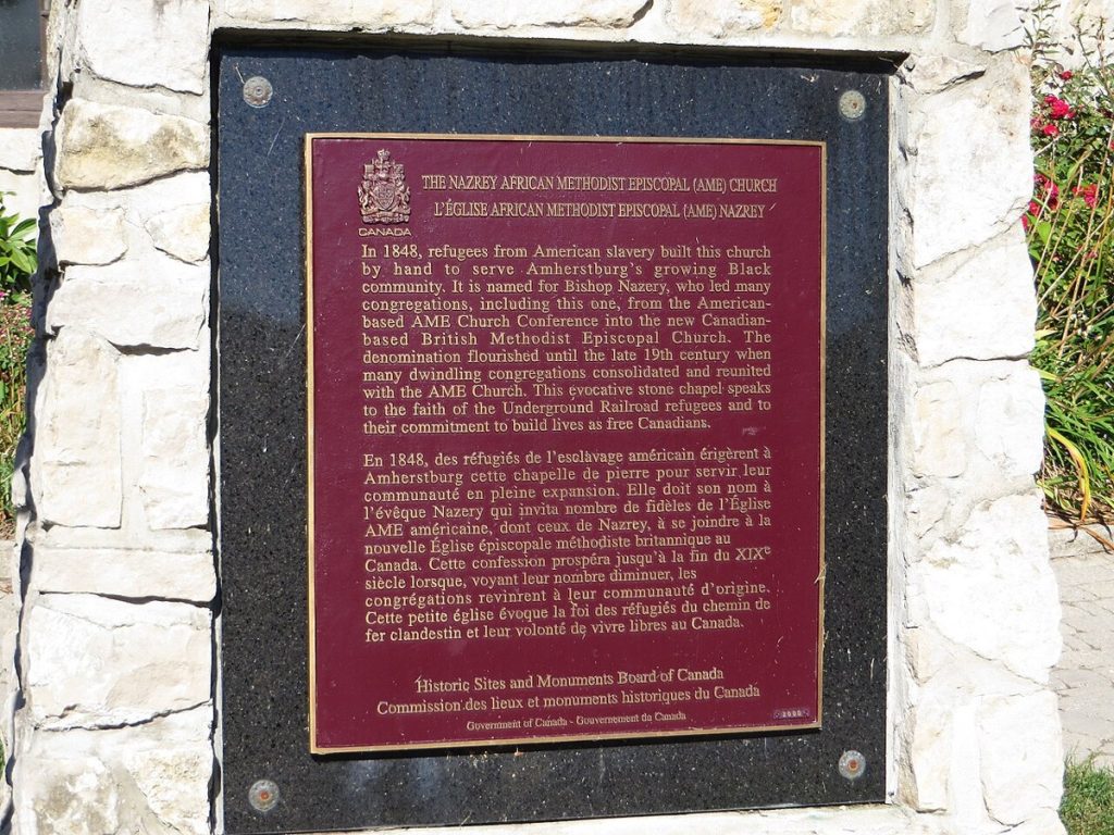 A commemorative plaque at the Nazrey African Methodist Episcopal Church in Amherstburg, Ontario, photographed in 2015.