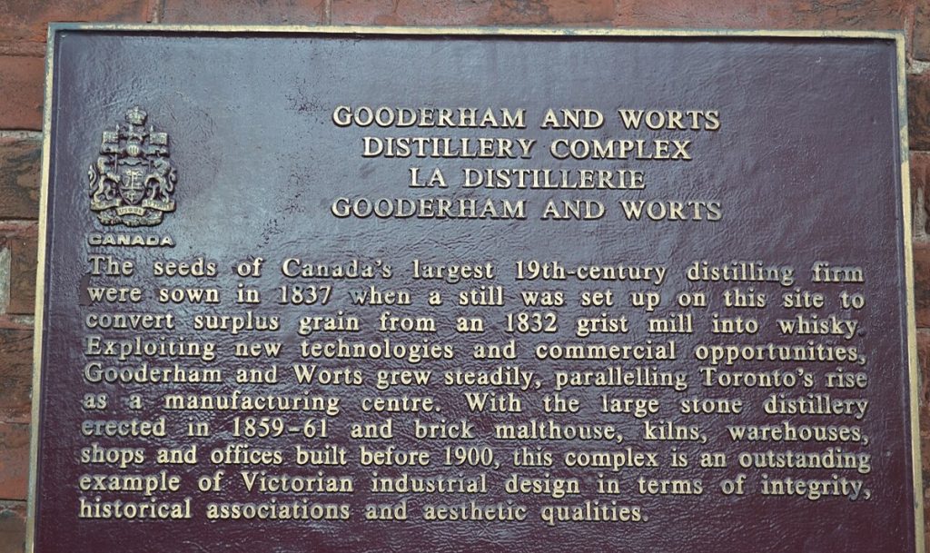 A commemorative plaque for the Gooderham and Worts Distillery in Toronto, photographed in 2015.