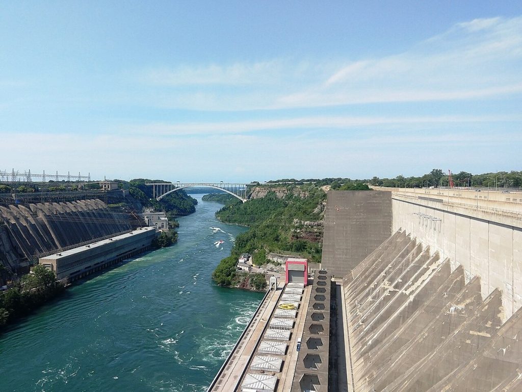 The Sir Adam Beck generating stations at Queenston (Ontario side) with the Robert Moses plant across the Niagara River, photographed in 2023.