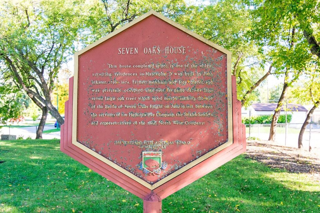 A historical plaque at Seven Oaks House Museum in Winnipeg, Manitoba, photographed in 2017.
