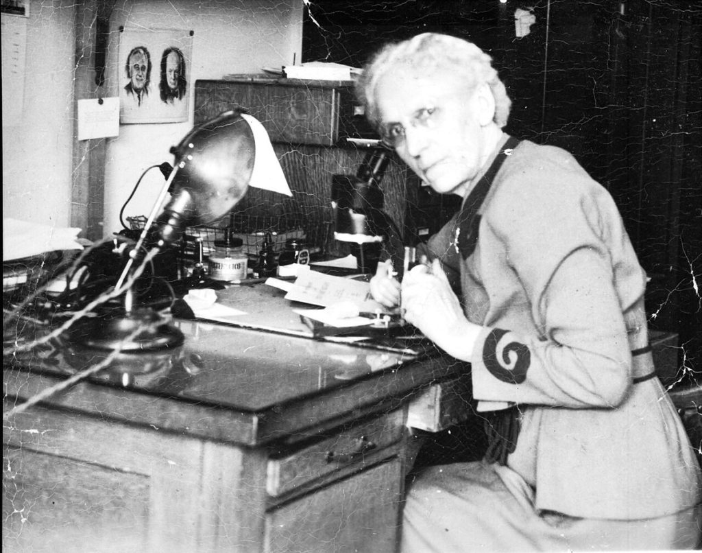 Alice Wilson at her desk with a microscope, Geological Survey of Canada, before 1946.
