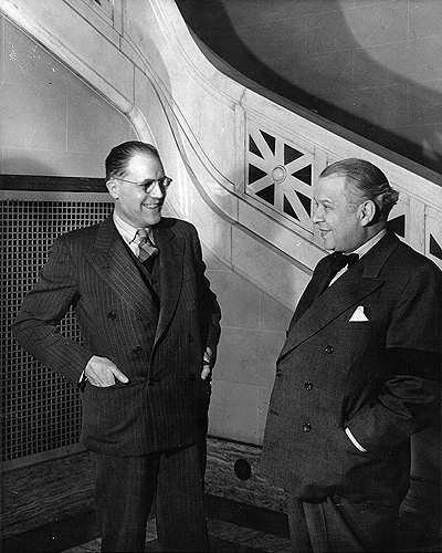 Wilfrid Pelletier (right) with Claude Champagne at the opening of the Conservatoire, 1943.