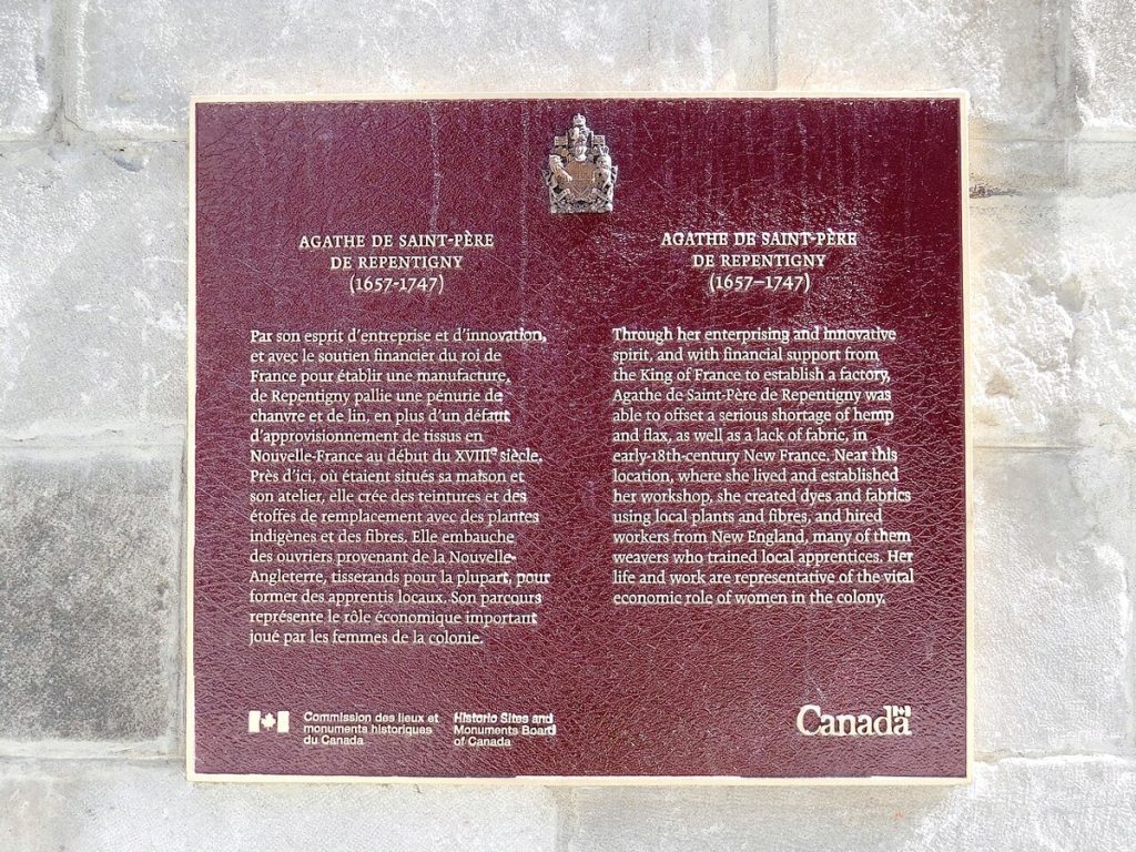The commemorative plaque to Agathe de Saint-Père de Repentigny in Montréal, 2020.