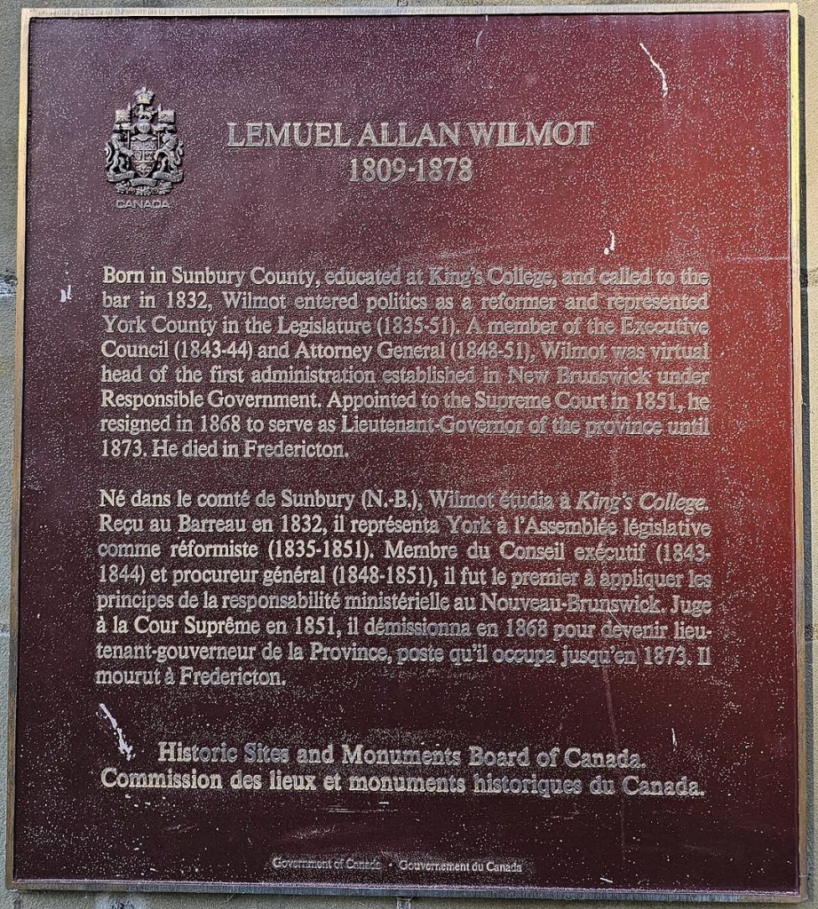 Plaque honouring Wilmot at the New Brunswick Legislative Building.
